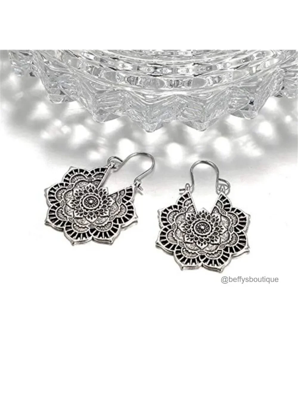 Hammered Antique Silver Drop Dangle Earrings Boho Mandala